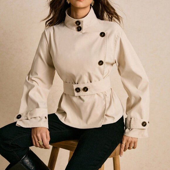 Beige Casual Women's Stand Collar Long Sleeve Trench Coat - Picture 3 of 8